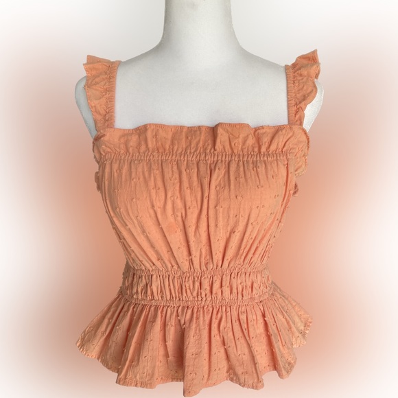 Love Riche Tops - Loveriche | Coral Swiss Dot Ruffle Peplum Tank Top | Size Small